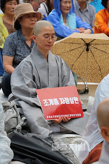 한 스님이 ‘조계종 자정 실현’ 문구가 적힌 손피켓을 들고 있다.