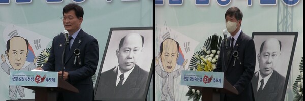 더불어민주당 송영길 전대표(왼쪽), 김홍걸 국회의원이 추모사를 하고 있다./사진=임상재