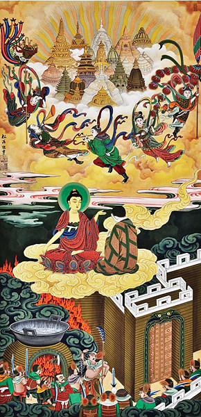 조정우 작 ‘극락지옥도’. 72×146cm. 사진 제공 불교미술송곡문도회.