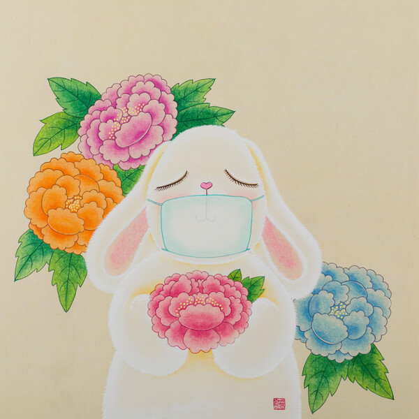 박선영, 모란토끼, 45×45. 지본채색. 사진 제공 아카데미선그림.