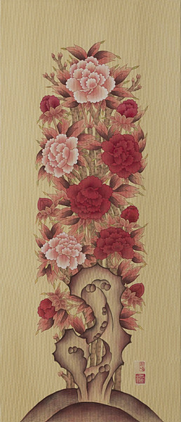 이강혜, 궁모란도 1, 29×67cm, 견본채색. 사진 제공 아카데미선그림.