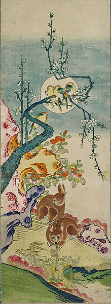 한국 화조도(花鳥圖) ‘달과 토끼’ 다색 목판화